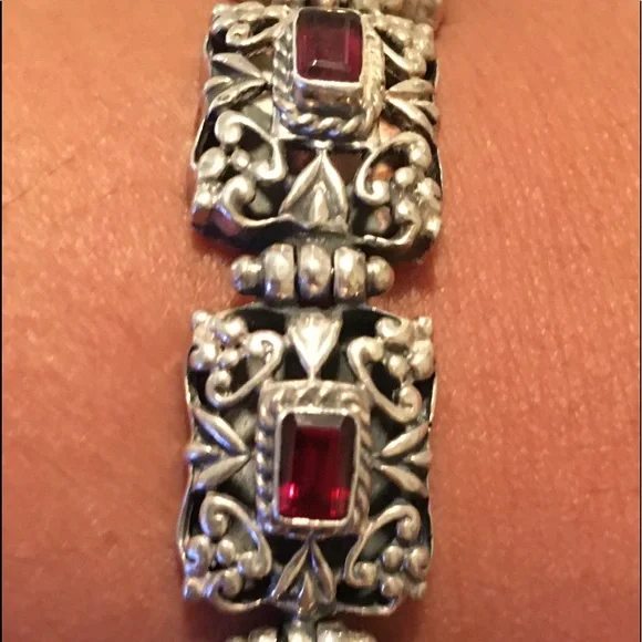AF 925 silver & square cut garnet filigree bracelet - Picture 6 of 11